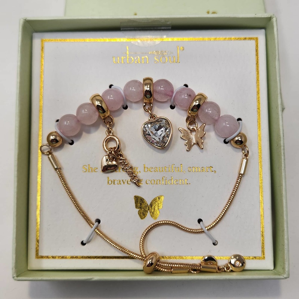 Rose Quartz Bead Heart Crystal Mama Charm Bracelet Gold Tone Slide Adjustable